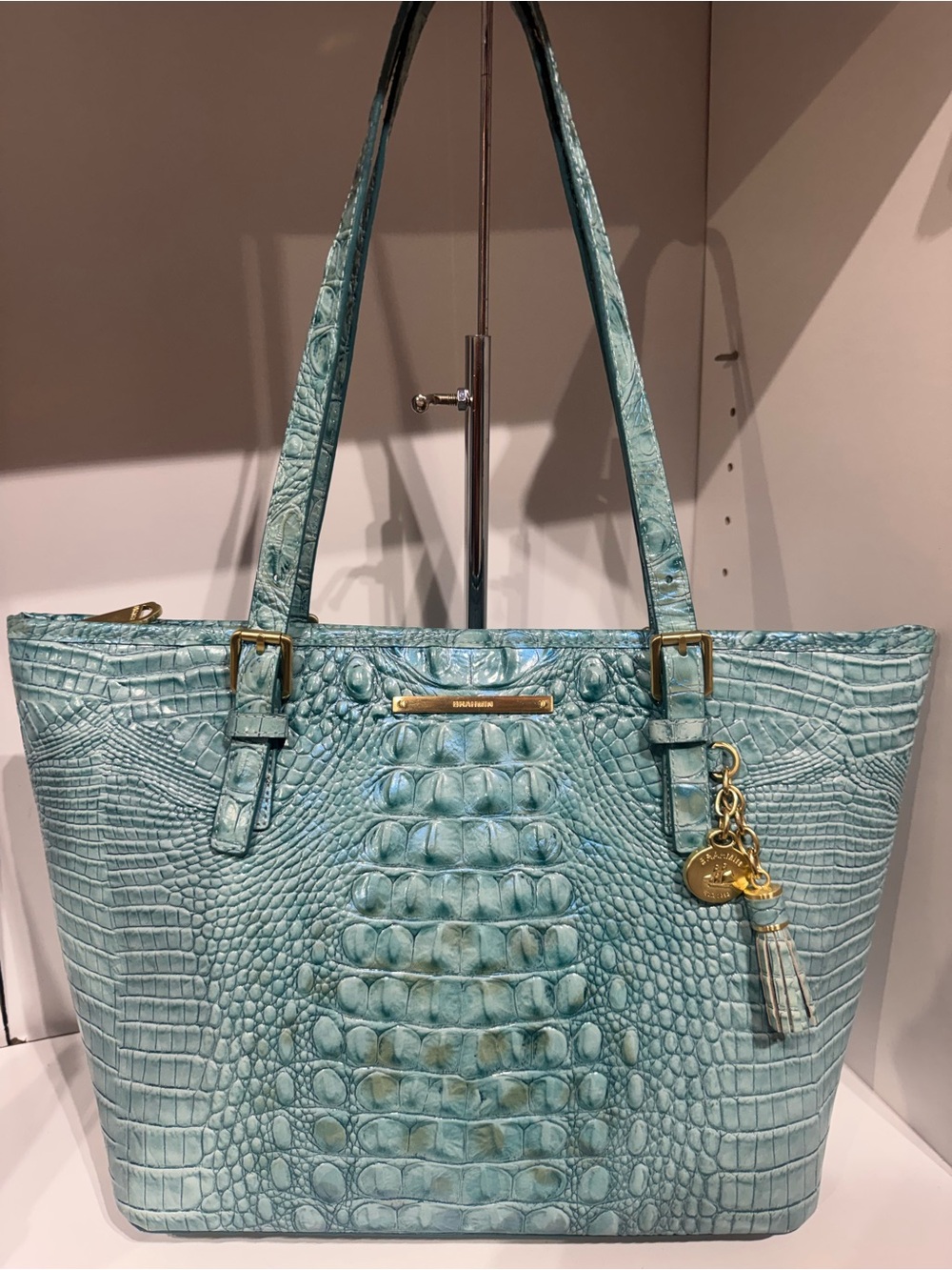 Brahmin Aqua Croc-Embossed Tote with Gold Hardware